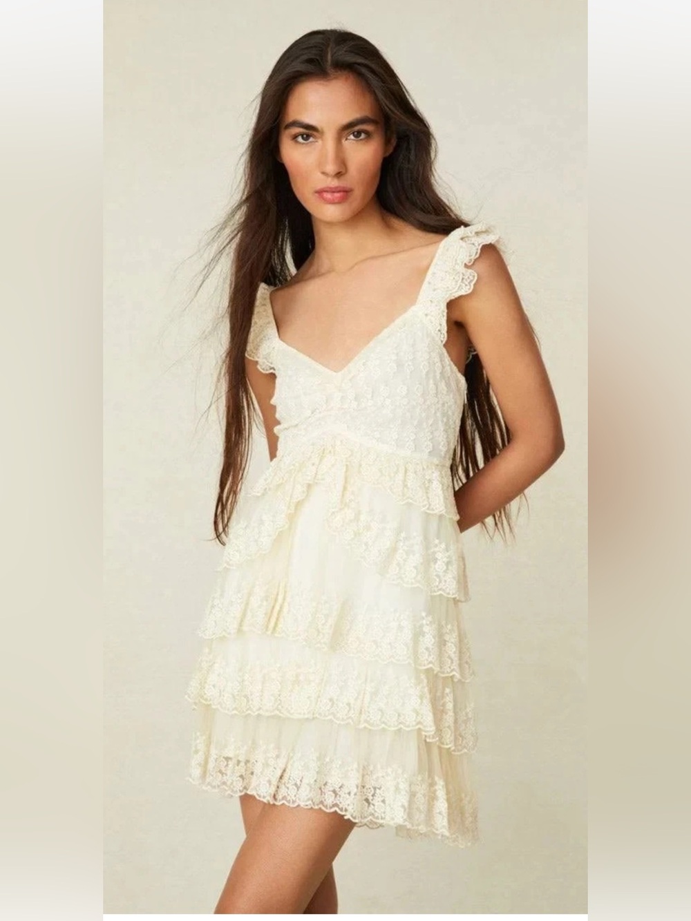 LOVESHACKFANCY Federica Cream Lace Ruffled Tiered Mini Dress